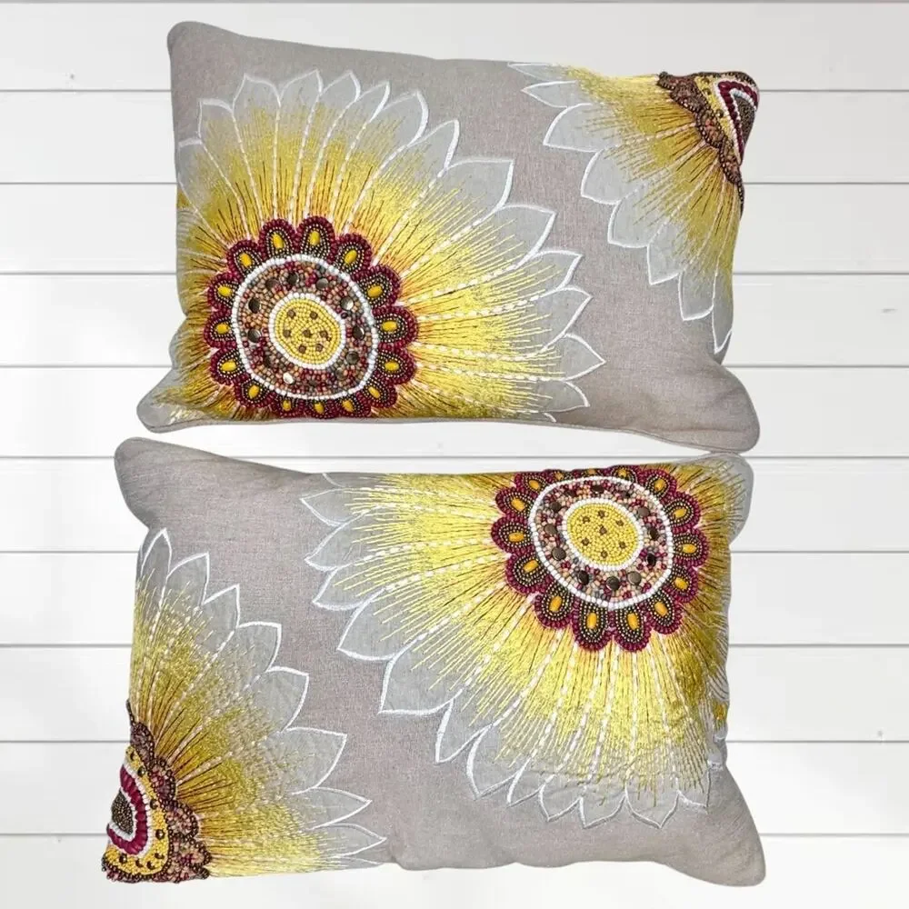Pier 1 Imports Pillows Lumbar Throw Embroidered Beaded Sunflowers Two 19” x 14”
